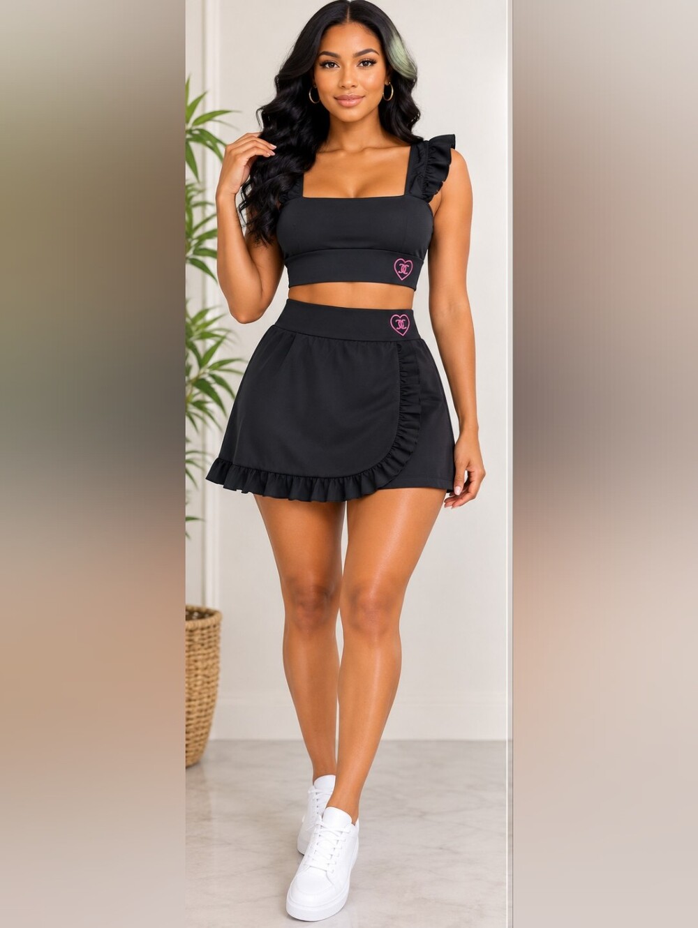 Juicy Couture Ruffle Trim Mini Skort and Bra Set In Black Sz XS